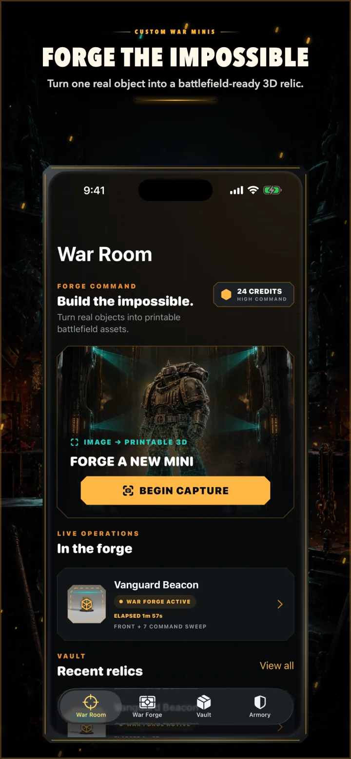 Custom War Minis War Room showing the Begin Capture action and active relics