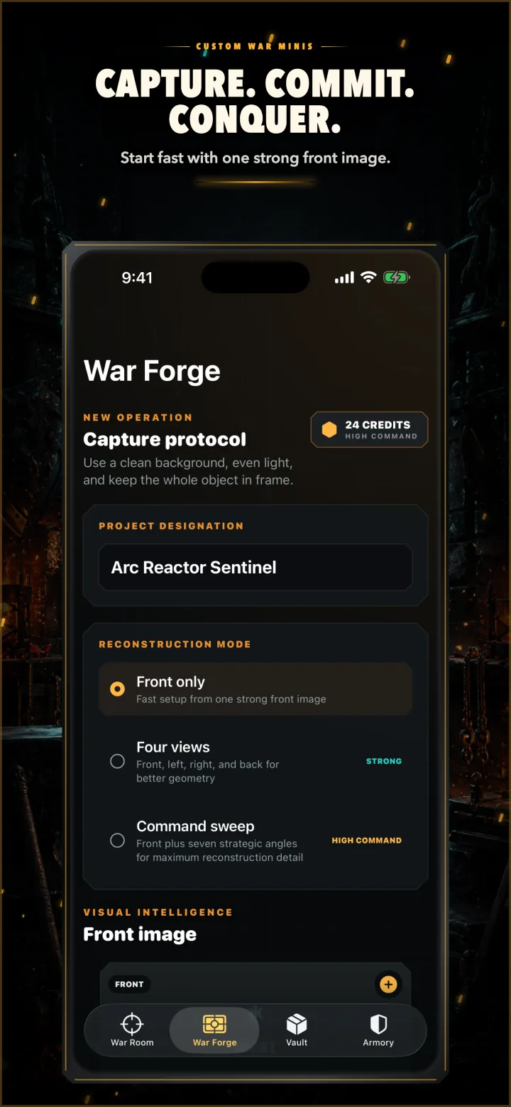 War Forge capture screen with Front Only, Four Views, and Command Sweep options