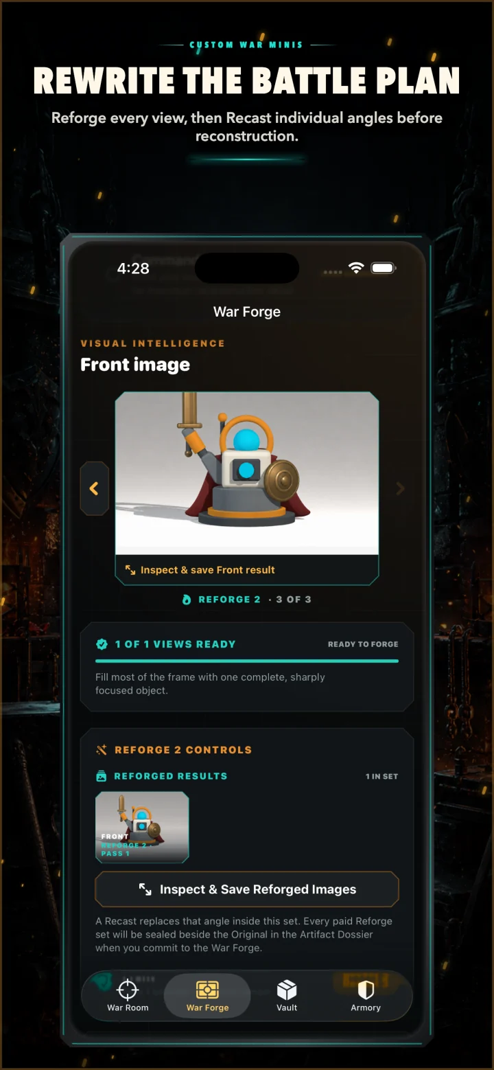 War Forge showing Reforge 2, the Original and Reforge set browser, and per-view Recast controls