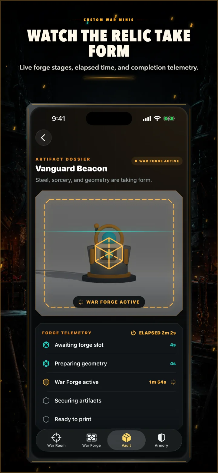 Artifact dossier showing an active forge preview, elapsed time, and stage telemetry