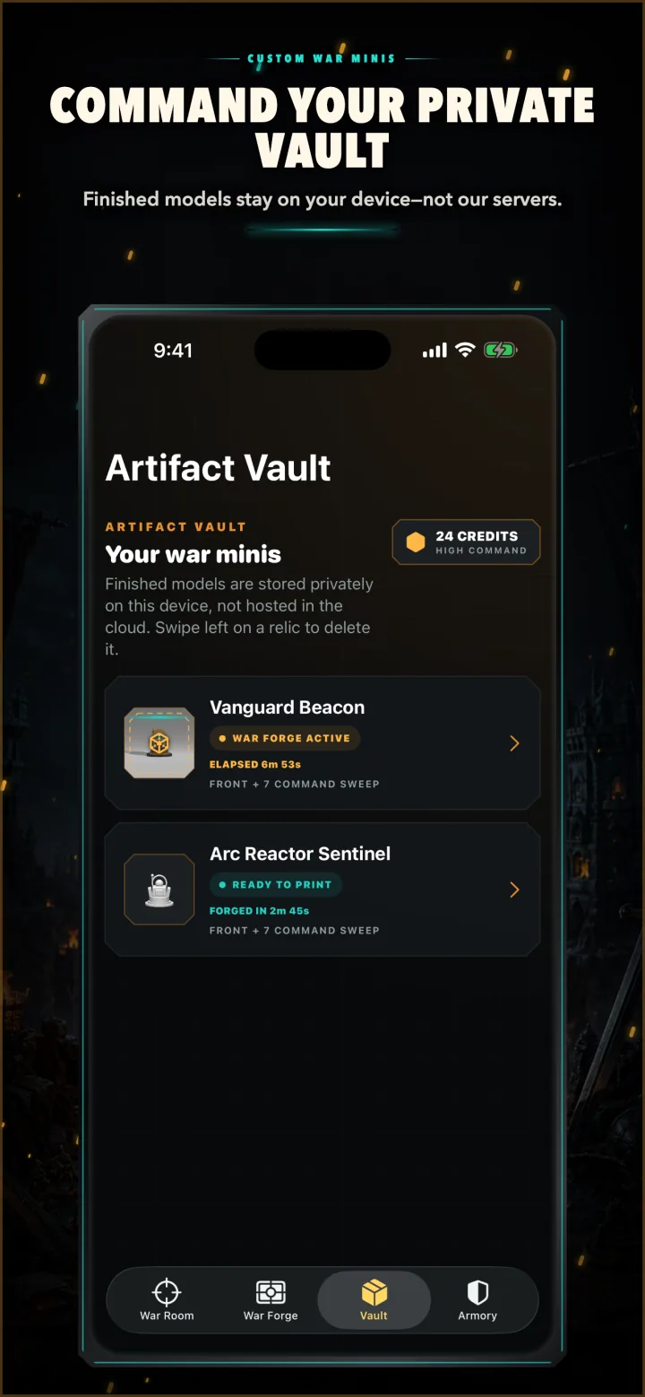 Artifact Vault showing an active relic and a completed ready-to-print relic