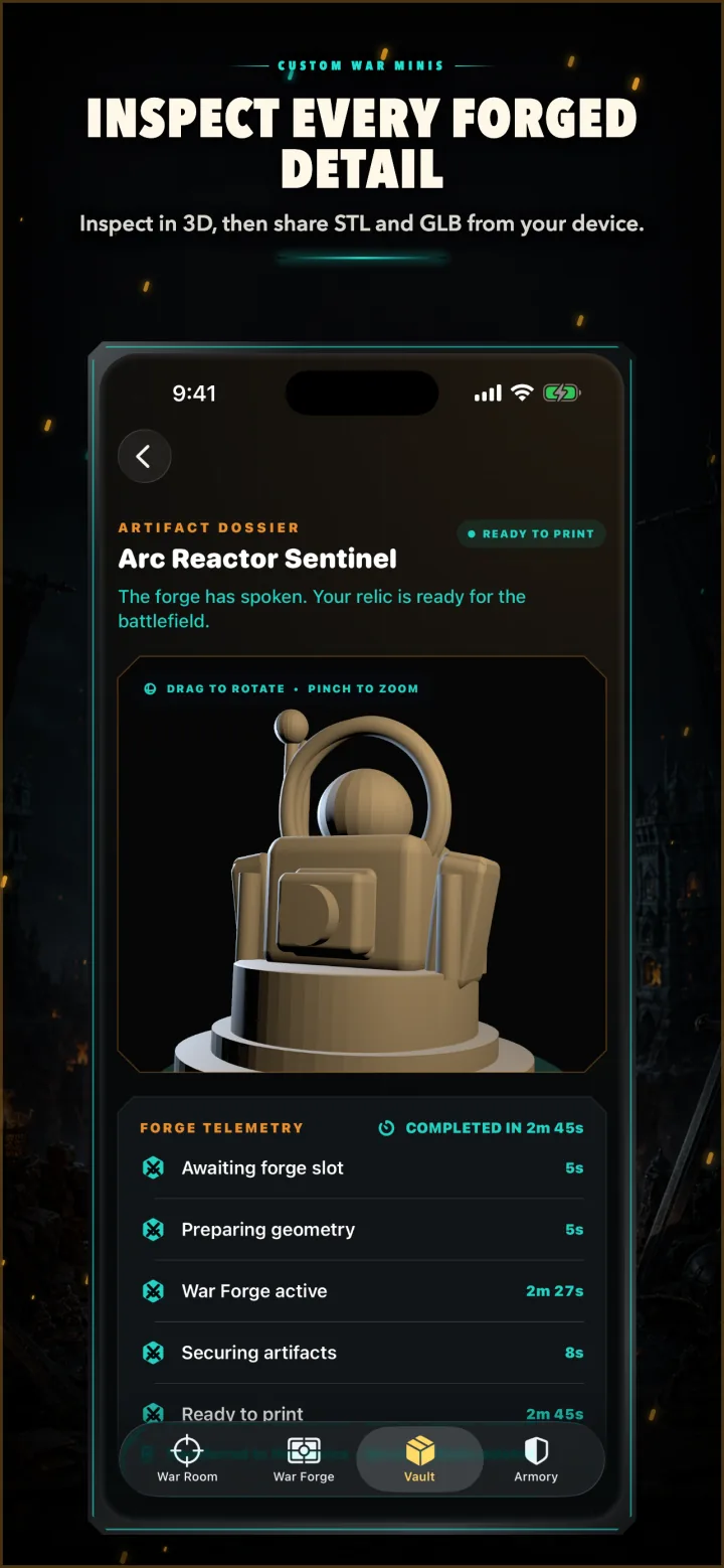 Completed artifact dossier with interactive 3D relic and completed forge telemetry