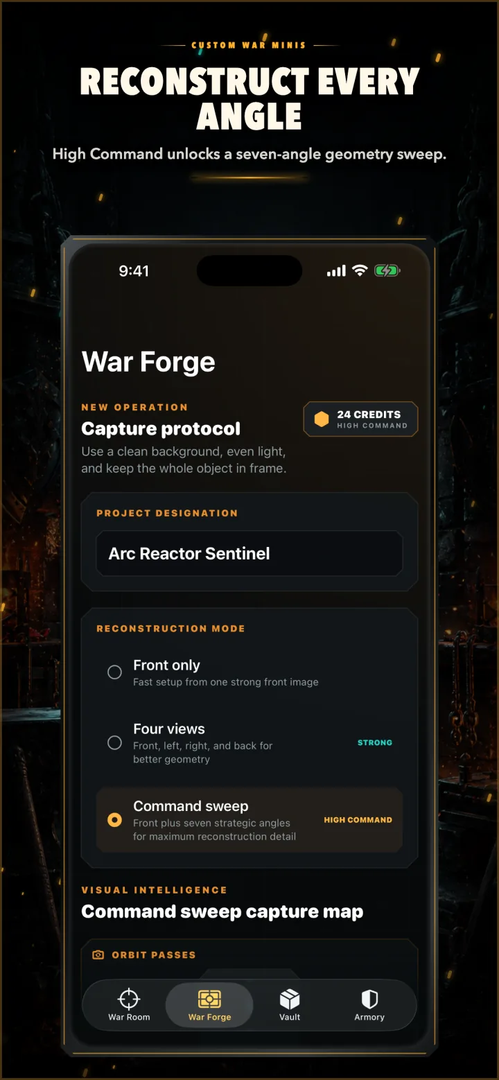War Forge Command Sweep capture screen with an eight-view capture map