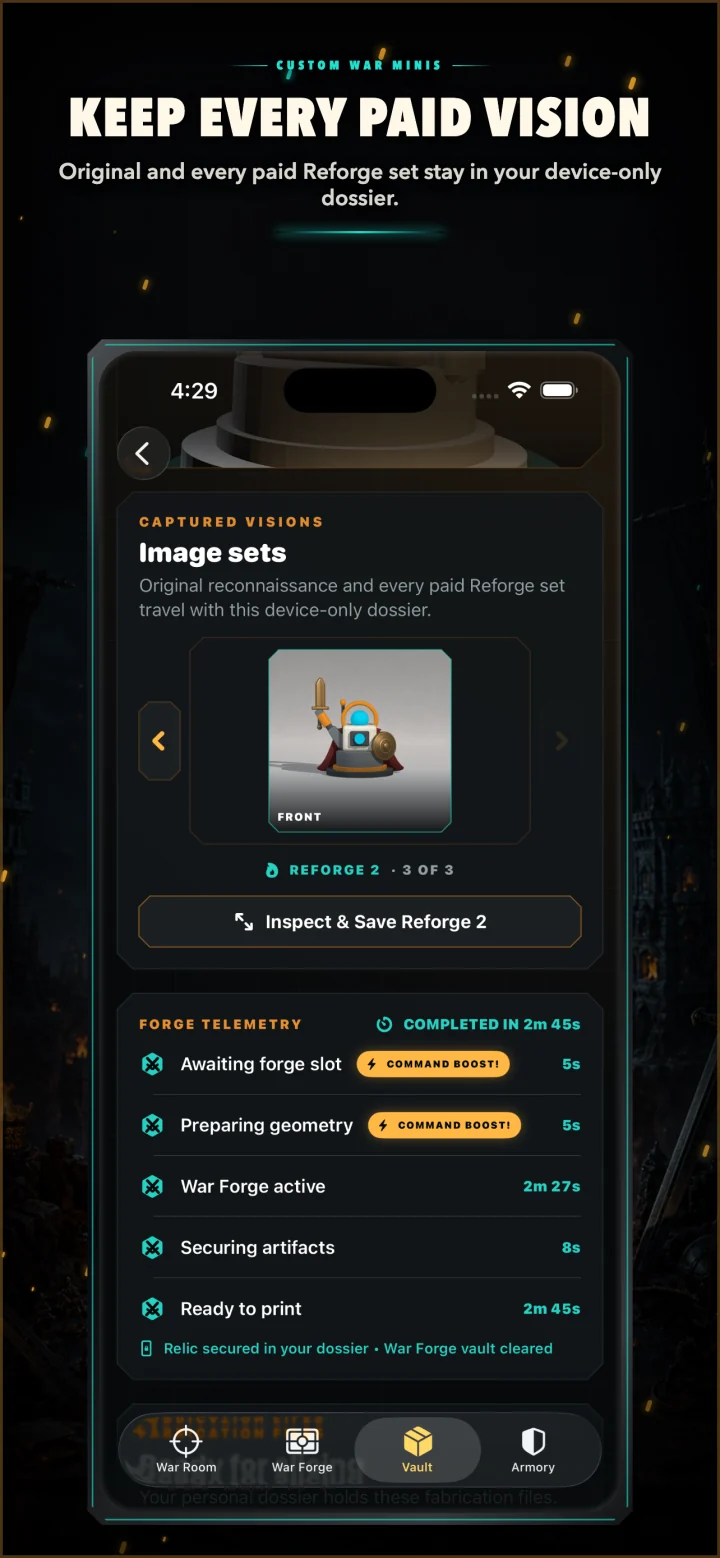 Artifact Dossier showing Reforge 2 beside the Original image set with Inspect and Save controls