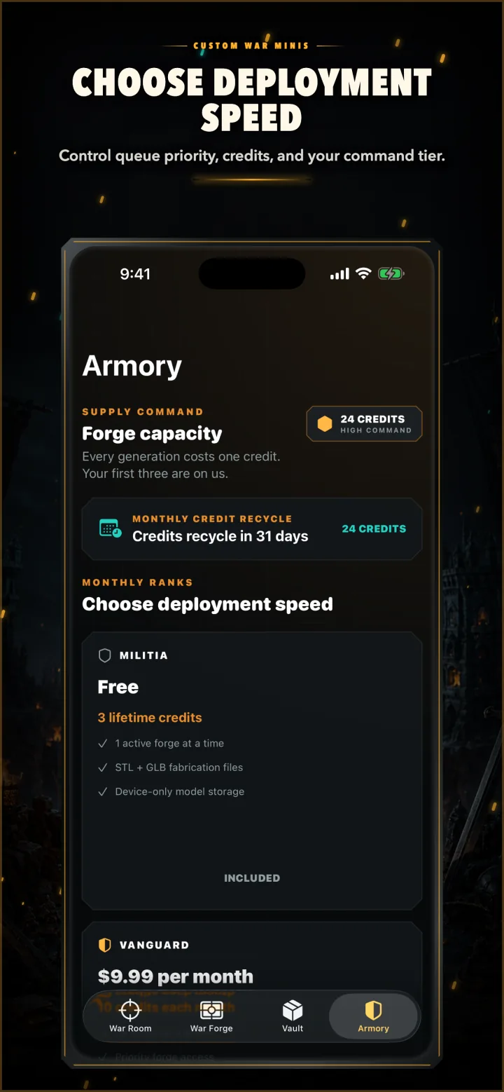 Armory screen showing credit recycle timing and deployment rank choices